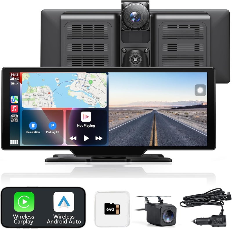 Carpeer Portable Apple Carplay Screen for Car, 10" Wireless Car Play Touchscreen with 4K Dash Cam, 1080P Backup Camera, Carplay&Android Auto, Loop Recording, GPS Navigation, Bluetooth - Image 1